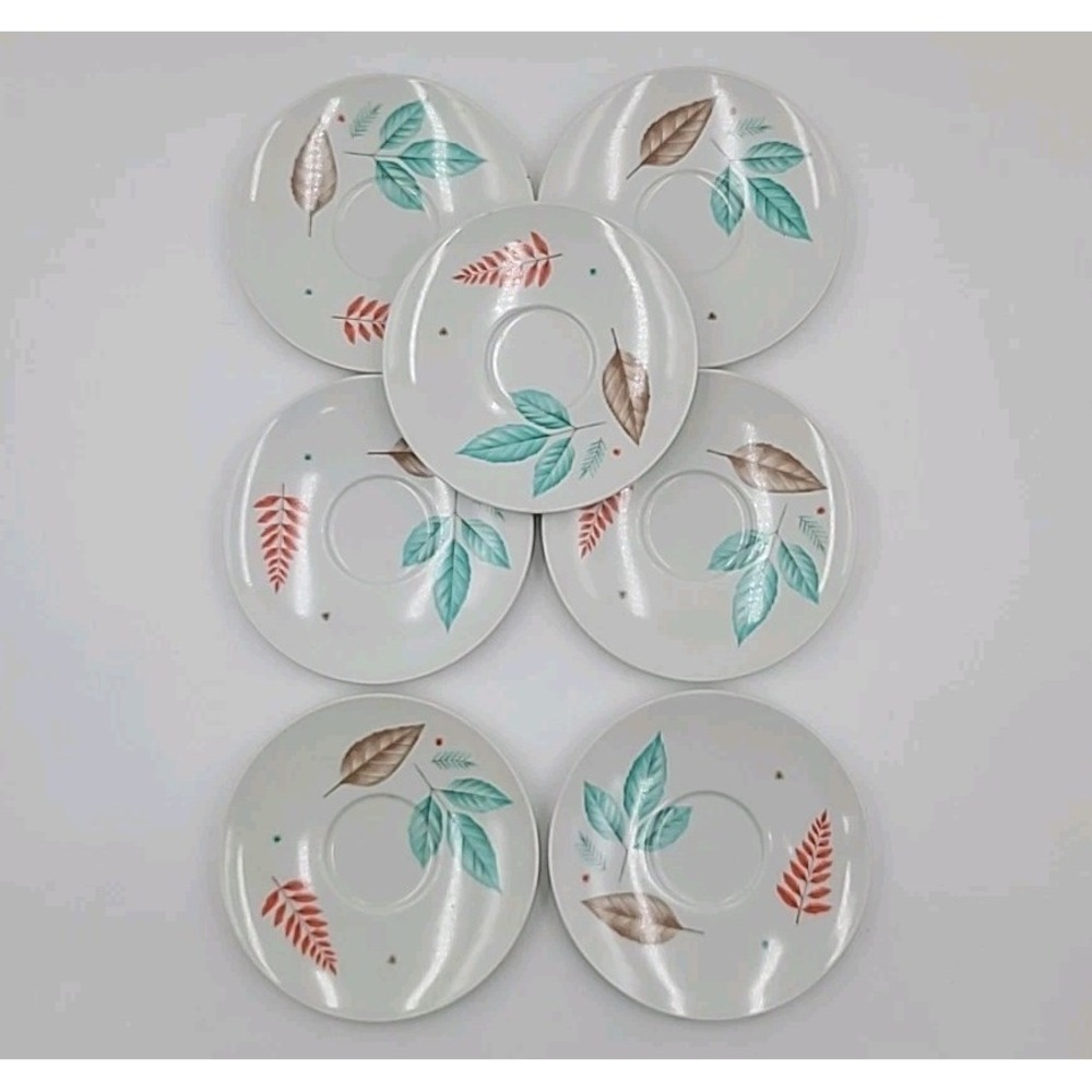 7 VTG MCM Texas Ware Saucer Plates Melamine 6" Green Brown Orange Leaves Leaf G6